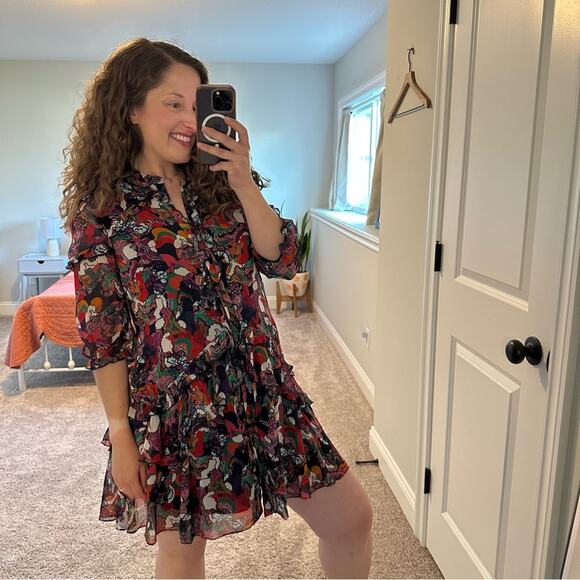 Saloni Red Blue Printed Silk Button Front Mini Dress 4 - Picture 4 of 16